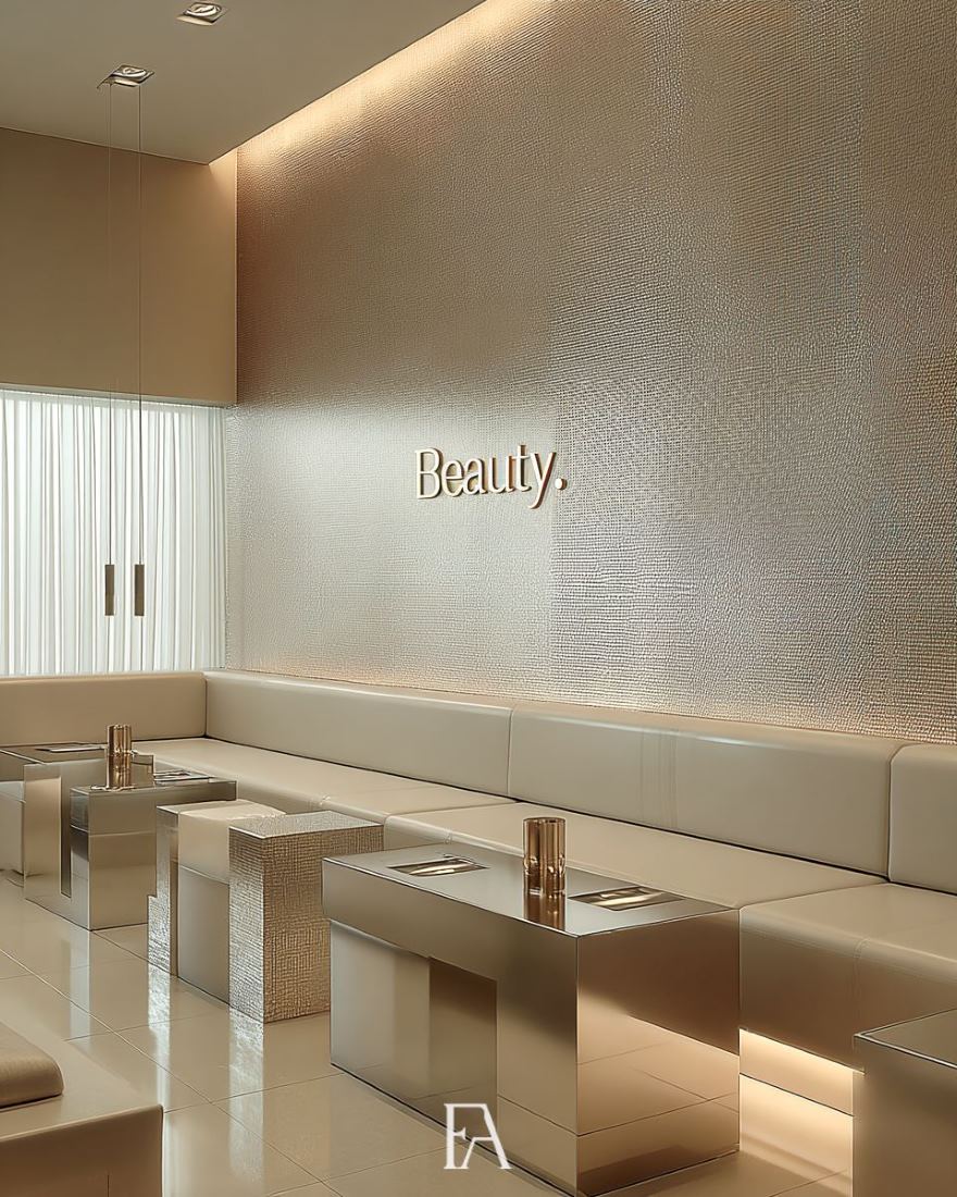 Espace d'accueil lumineux et minimaliste pour une clinique de beauté avec banquette intégrée sur-mesure.
