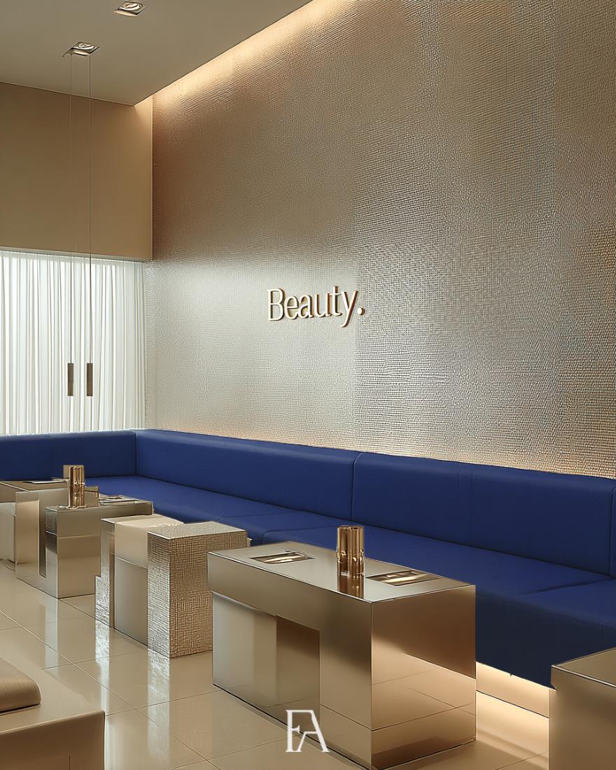 Salle d'attente moderne d'un institut de beauté avec un grand canapé bleu roi et un mur texturé élégant.