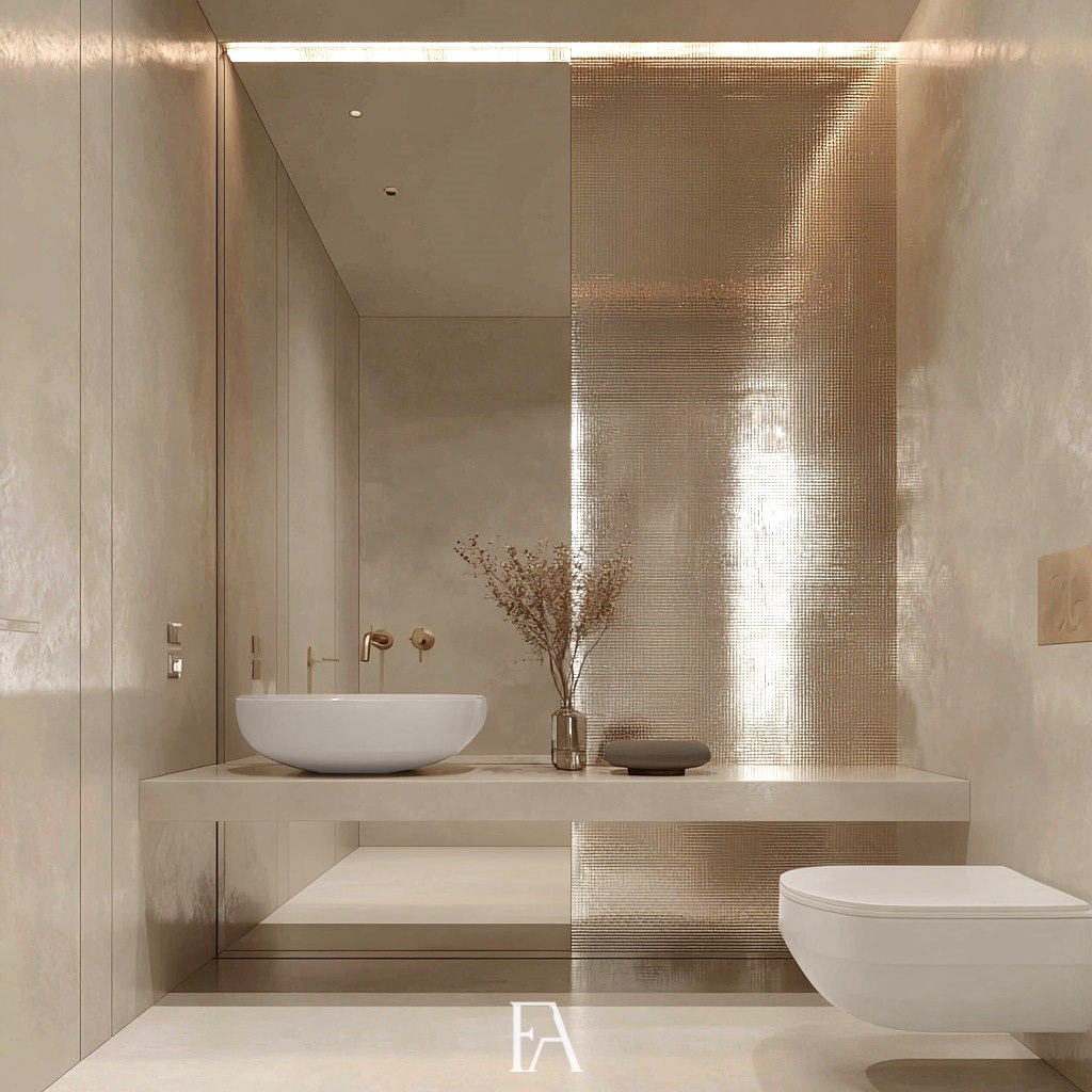 Toilettes d'invités minimalistes de luxe avec vasque à poser blanche, grand miroir rétroéclairé et finitions métallisées dorées.