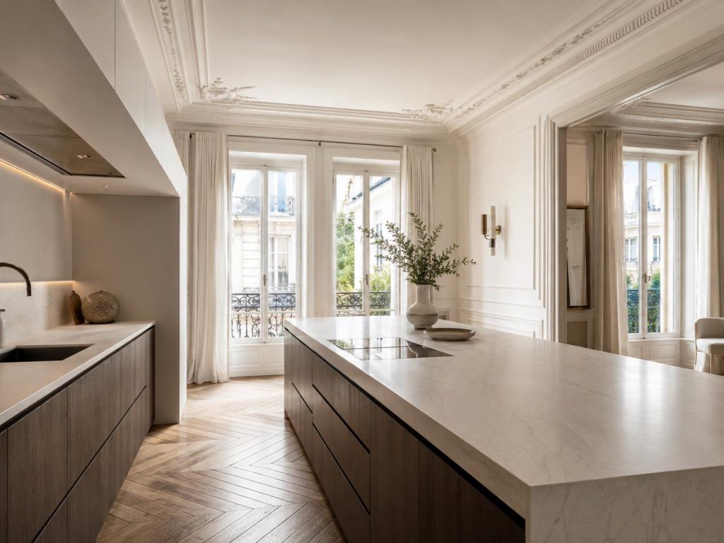 Cuisine luxe avec îlot central en céramique grand format design minimaliste