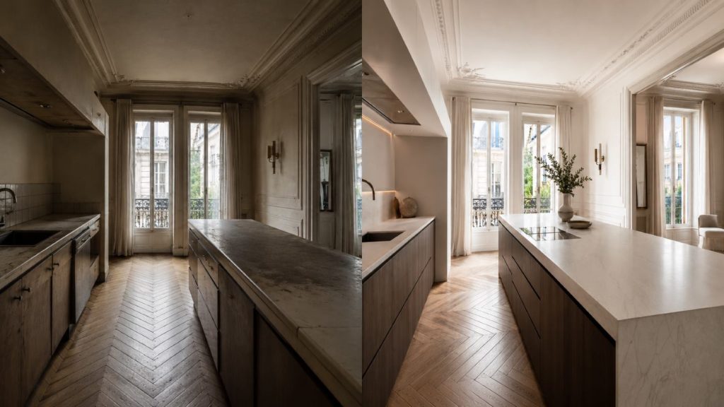 Intégration plan de travail céramique dans appartement haussmannien rénovation