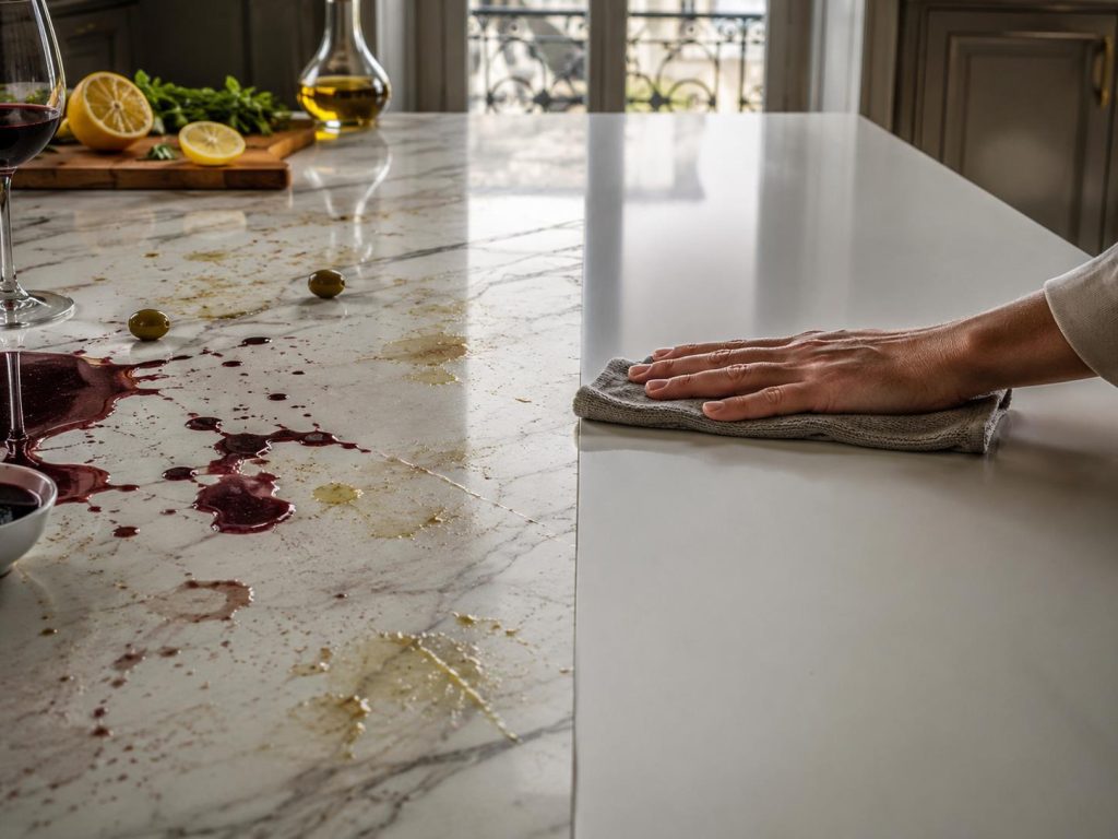 Plan de travail céramique non poreuse résistant aux taches de vin et d'huile