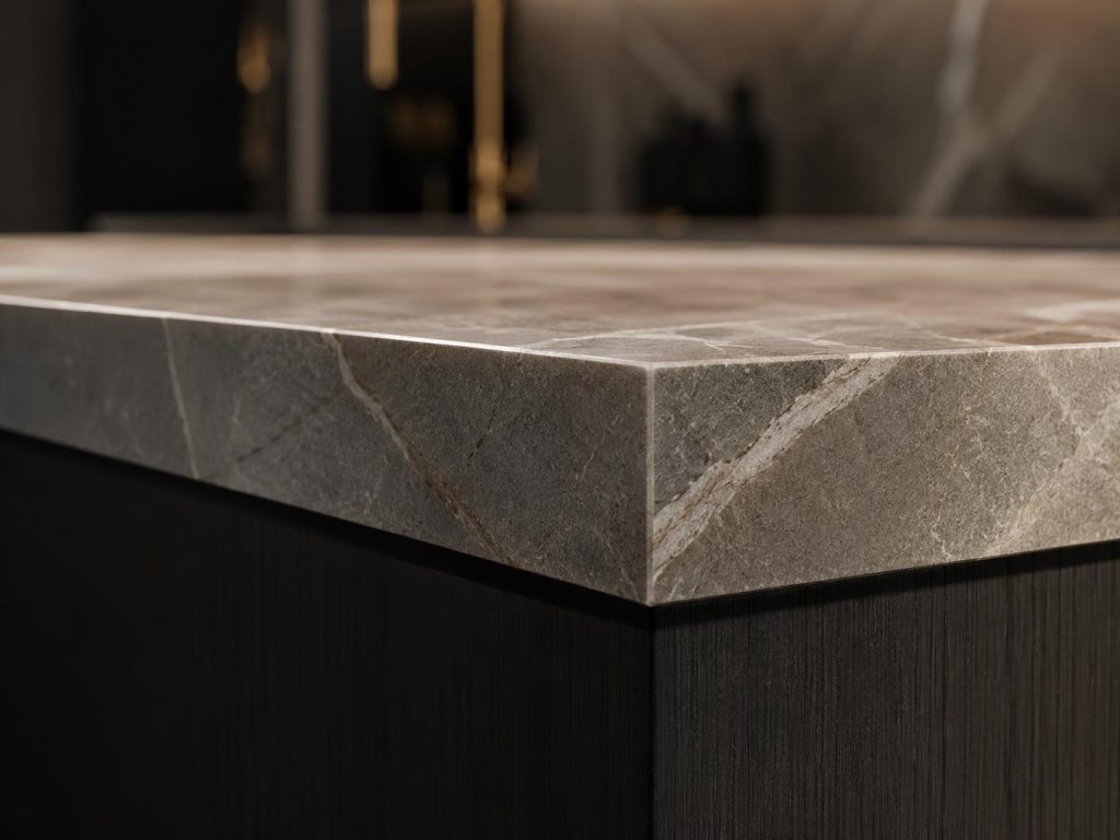 Détail chant droit plan de travail céramique veinage marbre cuisine luxe